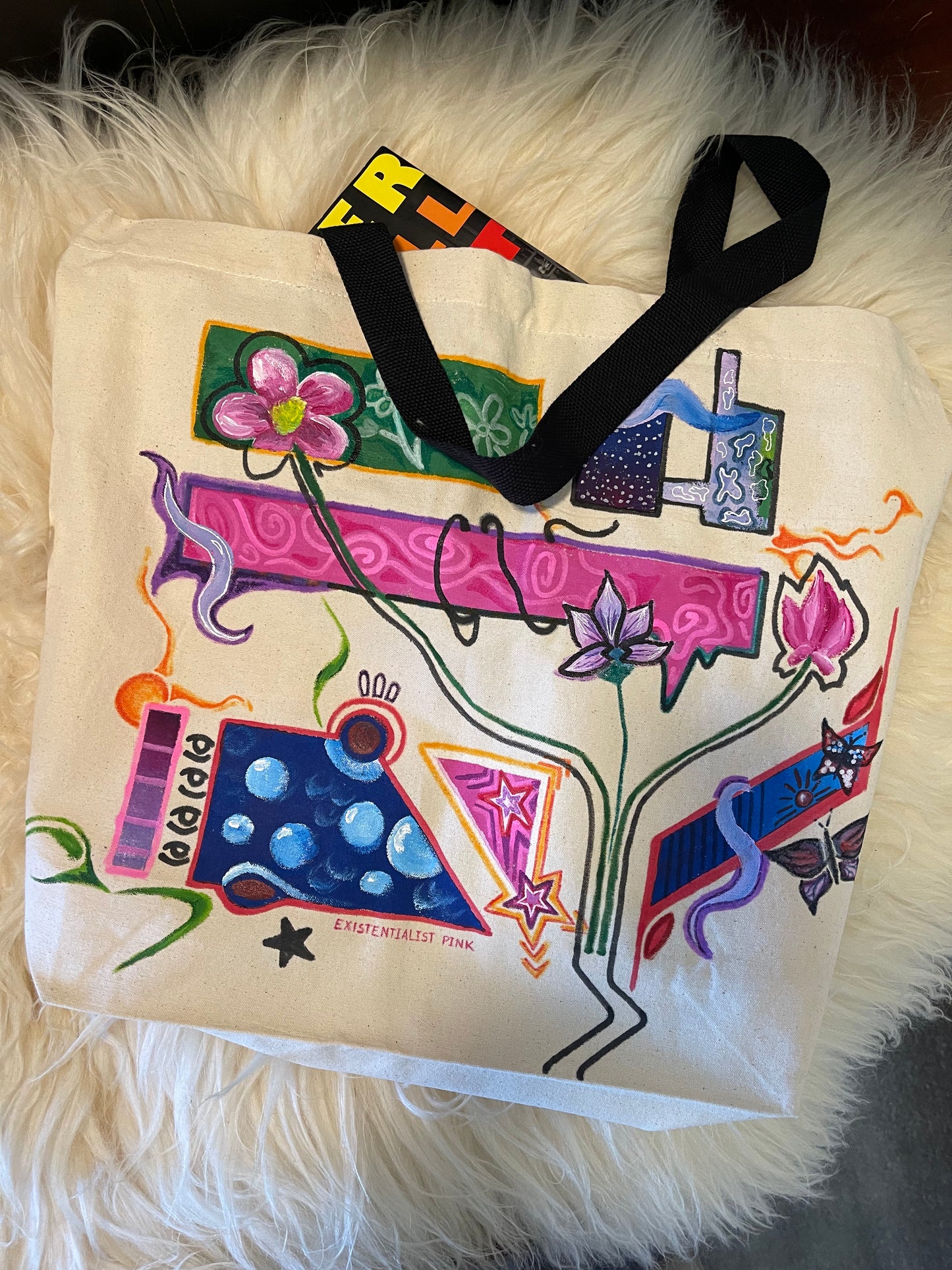 Hand painted, one of a kind cotton tote, multi color