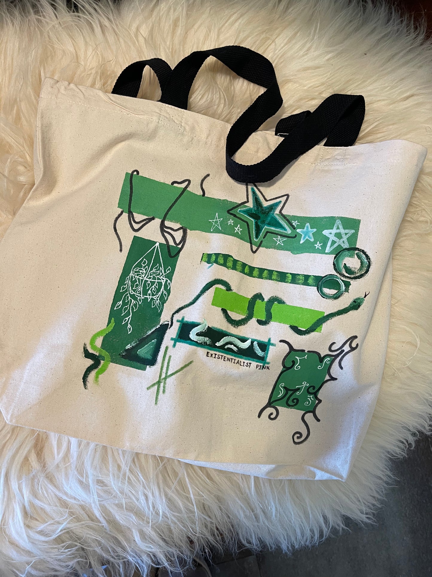 Hand painted, one of a kind cotton tote in green