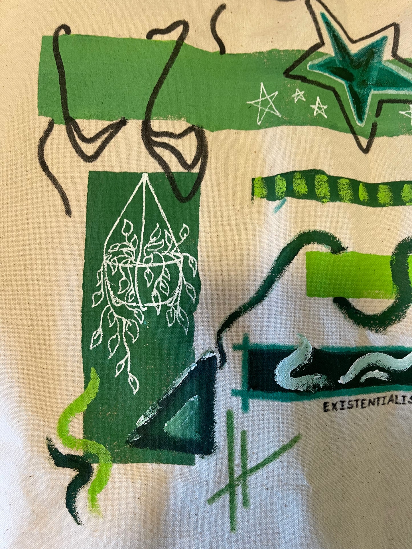 Hand painted, one of a kind cotton tote in green